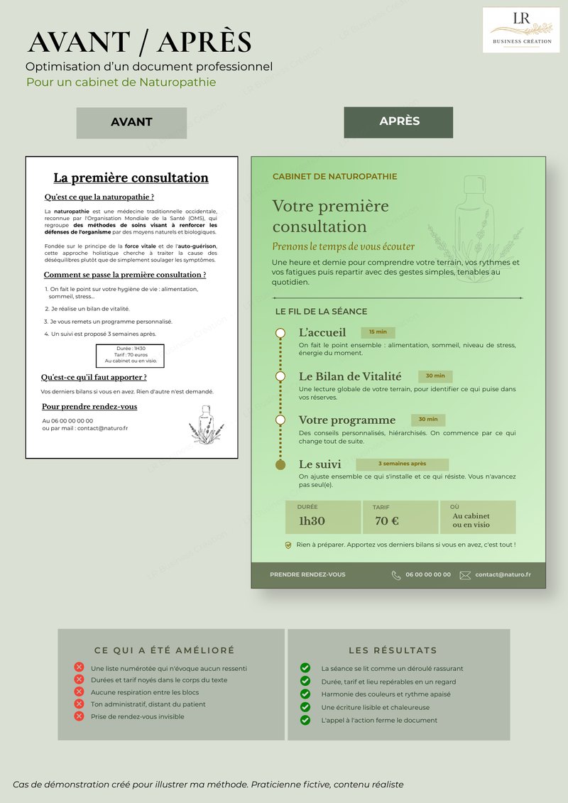 Avant/après : optimisation d'un document de première consultation pour un cabinet de naturopathie