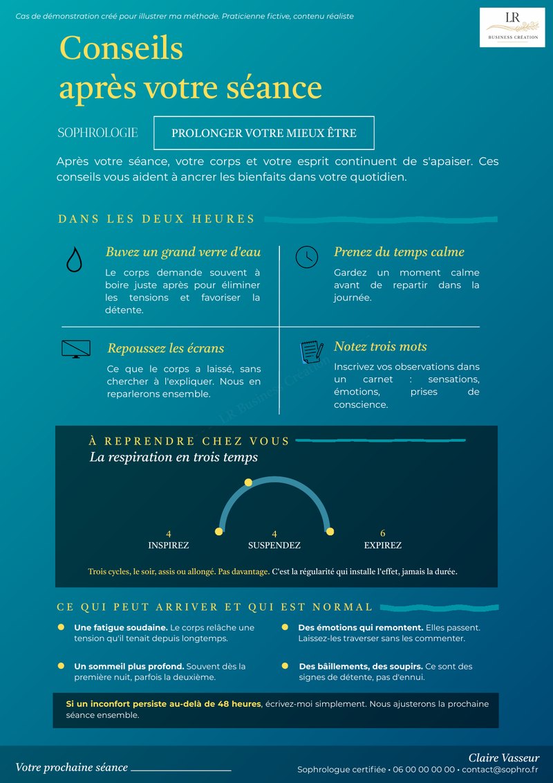 Fiche conseils après séance pour une sophrologue